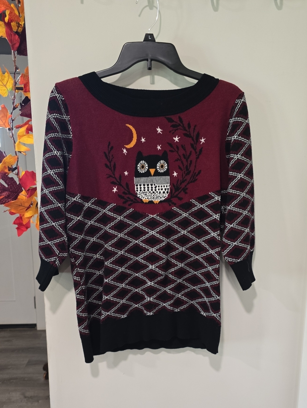 Cozy Maroon Owl Crewneck Sweater W/Owl Earrings